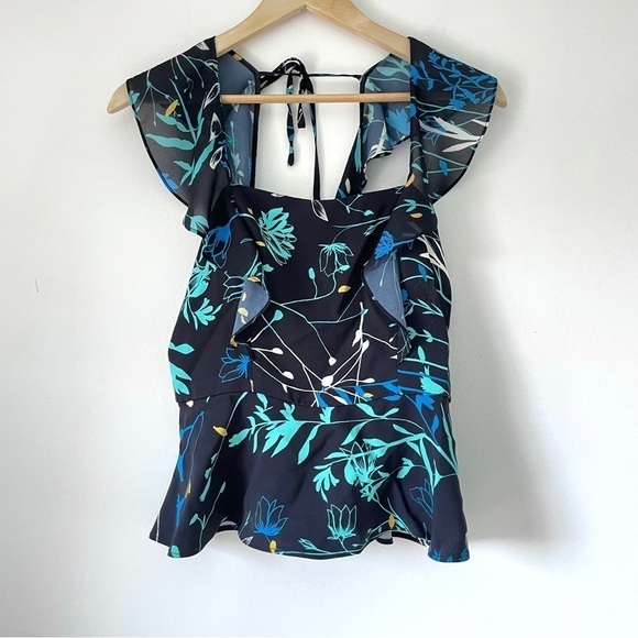 Parker Jess Floral Print Peplum Top Navy Blue Ruffle Sleeveless Women’s Small S - Picture 1 of 11